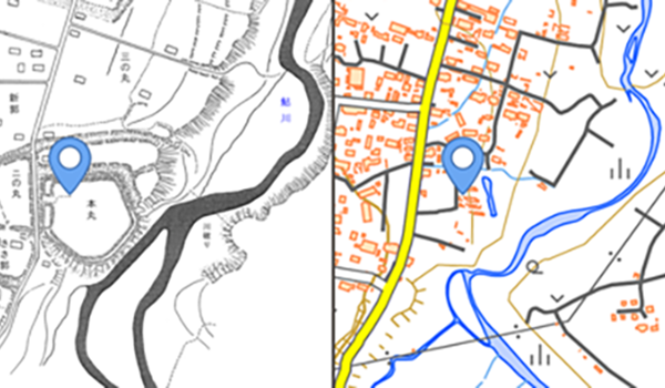 平井城・金山城の縄張り図と地図との重ね
