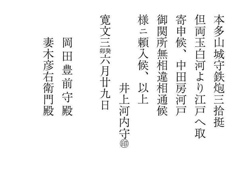 16　本多山城守鉄炮通行につき証文