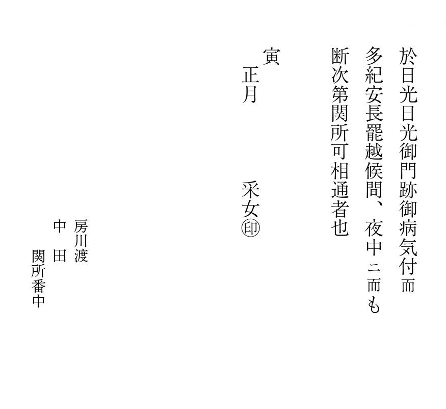 35　日光門跡病気にて奥医師通行につき老中証文