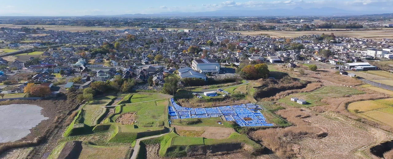 真壁城跡上空から撮影した桜川市の街並み