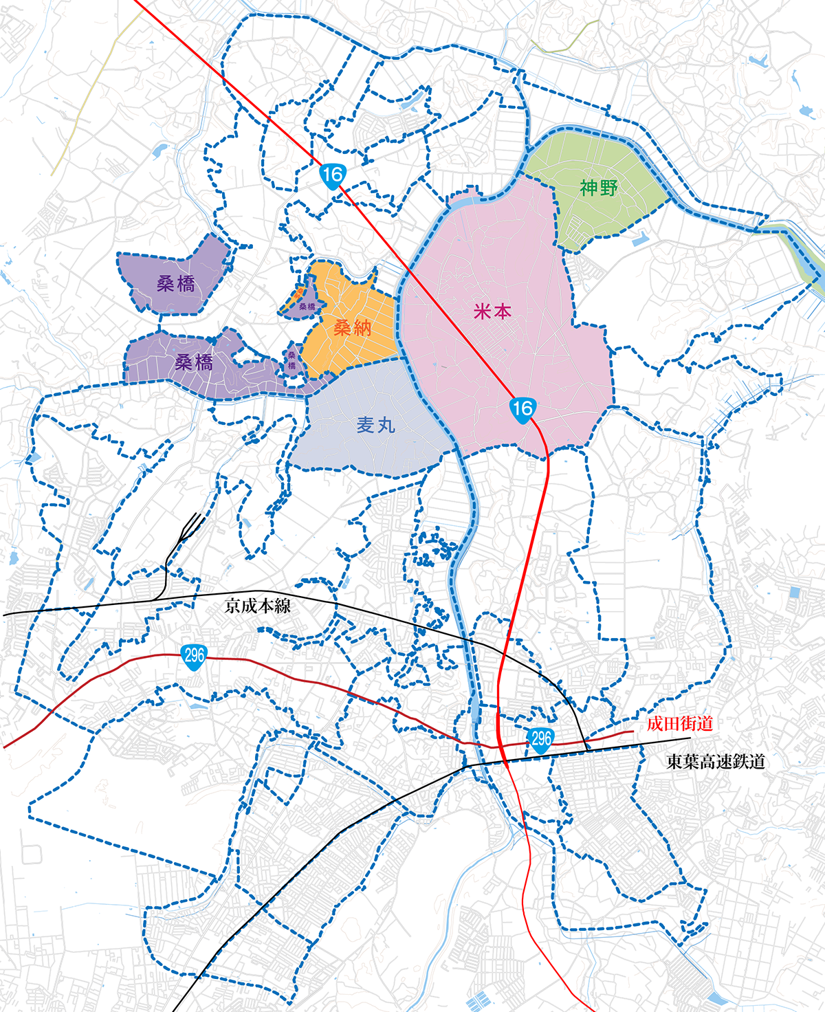 麦丸村、神野村、米本村、桑橋村、桑納村の位置図